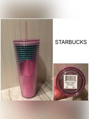 STARBUCKS - NWT - PINK / TEAL BLUE OMBRE SQUARE GRID 24OZ COLD CUP TUMBLER